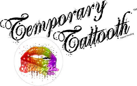 A Temporary Tattooth Logo with a Logo from Bling Dr by Kim.  This is a location that provides temporary tooth tattoos and temporary tattooth products.