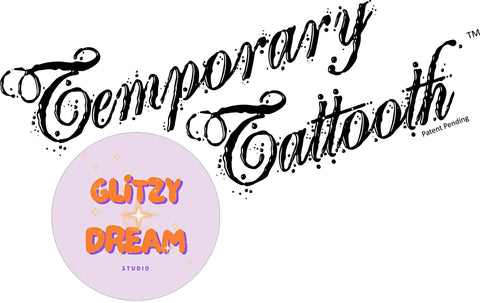 An image showing the Temporary Tattooth Logo with the Glitzy Dream logo.  Temporary tattooths are temporary tattoos for teeth and Glitzy Dream Studio applies them.