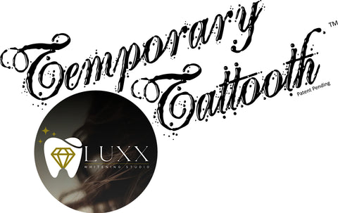 A logo for Temporary Tattooth and LUXX Whitening Studio.  This shows a location that can professionally apply tooth tattoos.