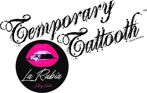 A logo for Temporary Tattooths and La Rubia Shiny Smile.  Temporary Tattooths are temporary tooth tattoos,