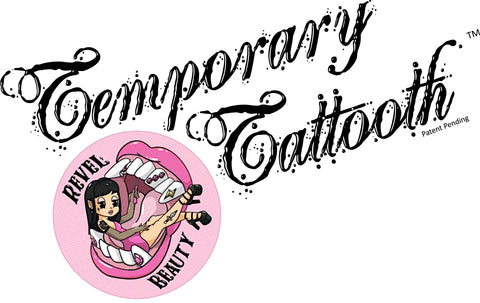 Image showing the Temporary Tattooth logo and Revel Beauty Studio's logo.  This is a location in Puerto Rico that you can get temporary tooth tattoos and tooth gems.