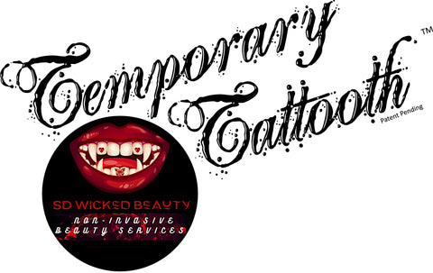 A Temporary Tattooth Tooth Tattoo Logo and an SD Wicked Beauty logo.  This is a location that provides temporary teeth tattoos and temporary tattooth products.