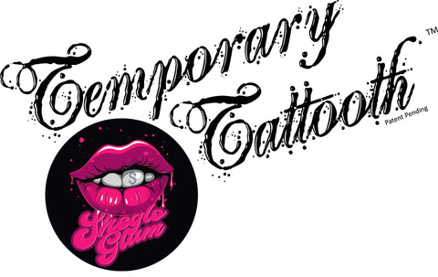 A Temporary Tattooth Logo with Sheglo Glam's logo. This is a location that provides tooth tattoos and Temporary Tattooth products.