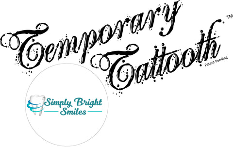 An image that shows Temporary Tattooths logo with Simply bright smiles.  Temporary Tattooth sells temporary tooth tattoos and colorants.