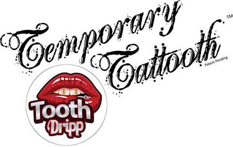 A Temporary Tattooth logo that links to Tooth Dripp's website, a location that applies Temporary Tattooths, or tooth tattoos.