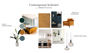 Contemporary Moodboard mit Möbeln und Dekoration