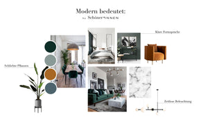 Modern Moodboard mit Möbeln und Dekoration