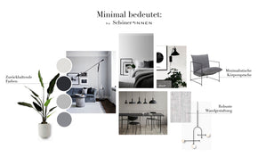 Minimal Moodboard mit Möbeln und Dekoration