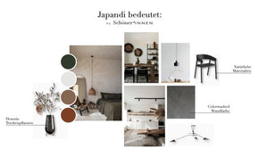 Japandi Moodboard mit Möbeln und Dekoration