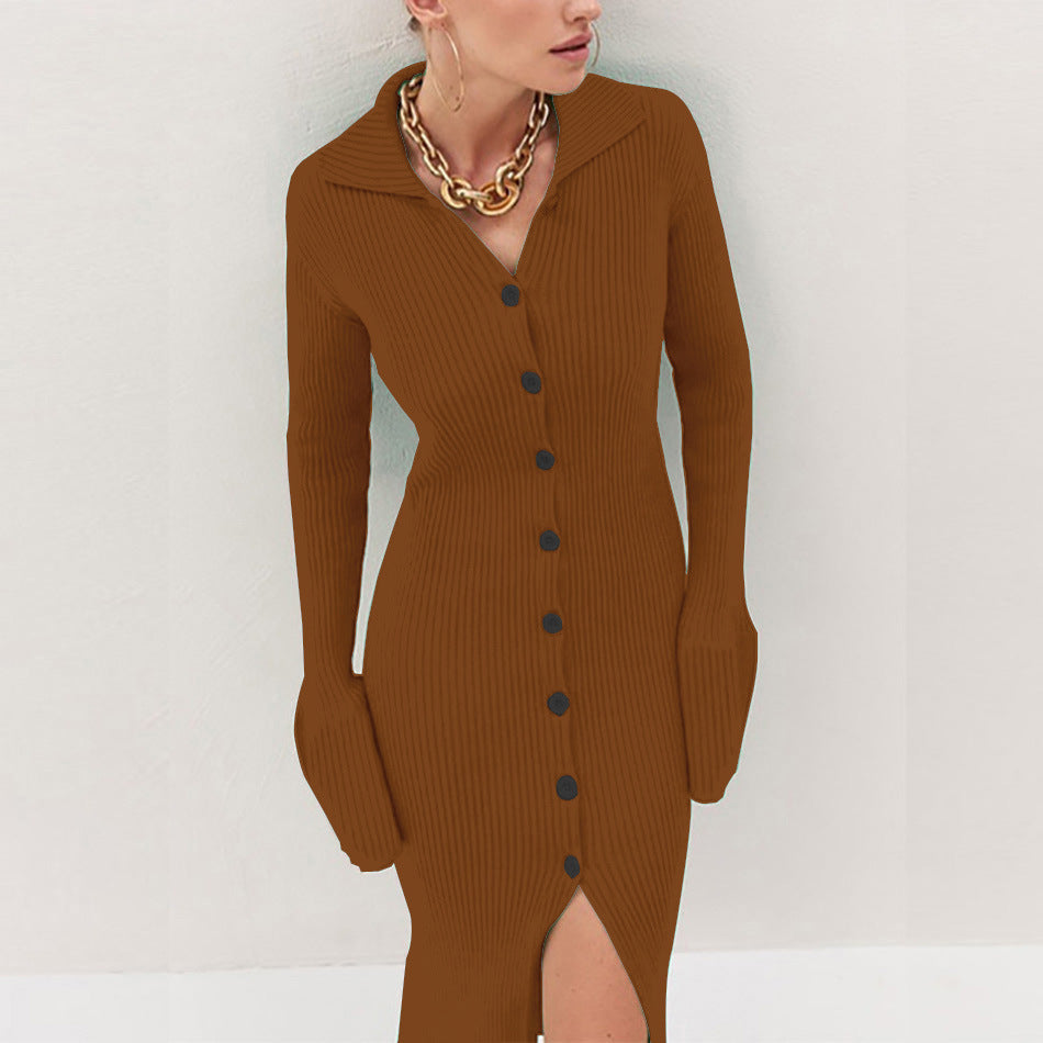 Prowow Knitted Green Turn-down Collar Dress