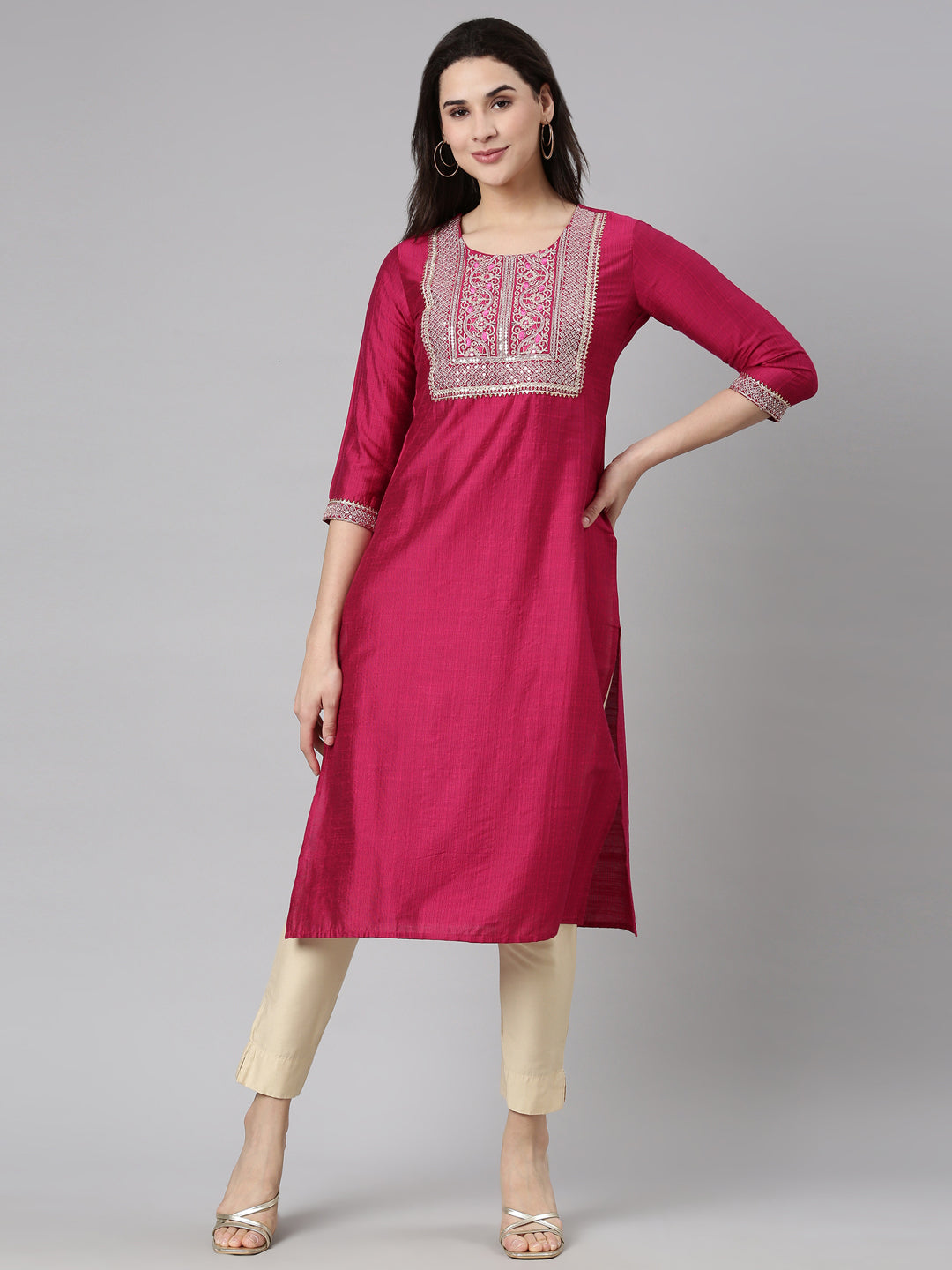 Buy Neerus Maroon Woven Pattern Straight Kurta for Women Online @ Tata CLiQ