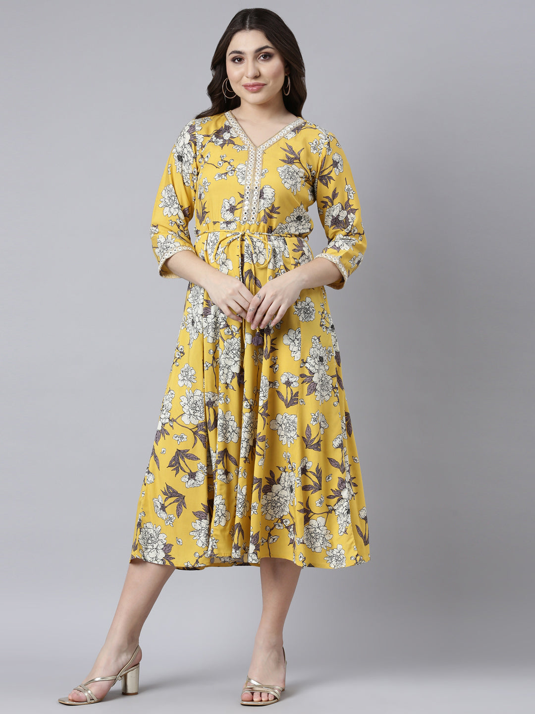 Buy NEERUS Green Foliage V Neck Rayon Women's Maxi Dress | Shoppers Stop