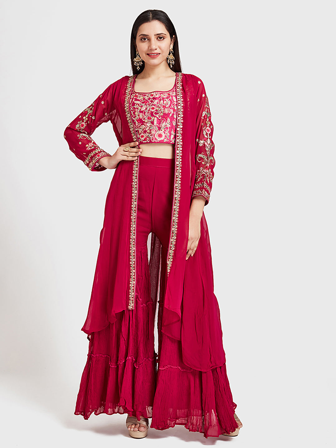 Neeru's Pink Embroidered Top & Sharara Set With Shrug – neerus-india