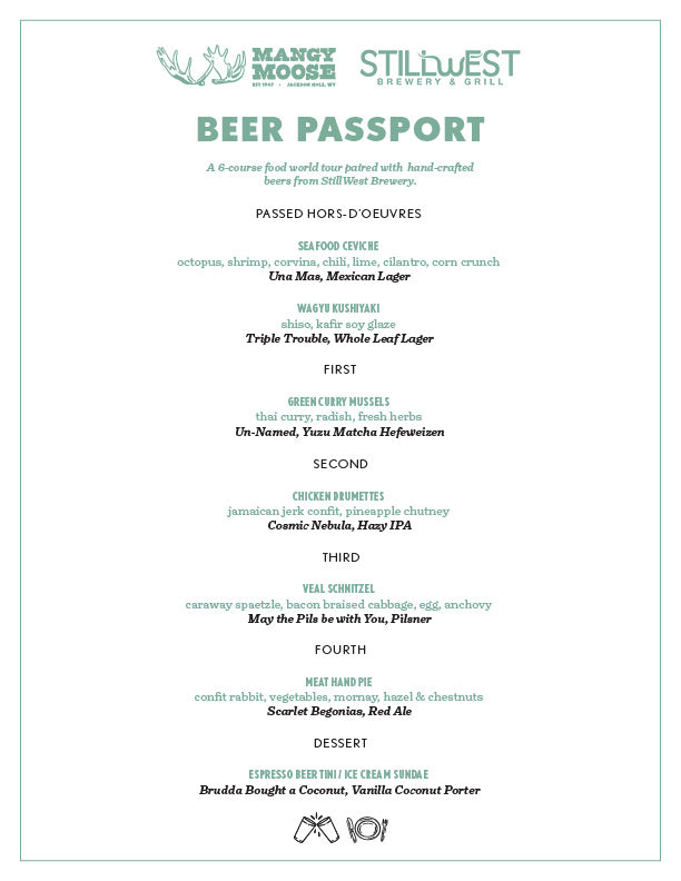 Menu for Beer Passport Dinner - a special 6-course dinner event from the Mangy Moose and StillWest Brewery
