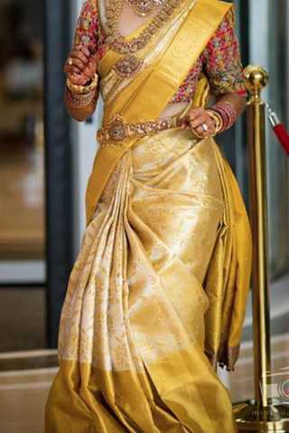 Bridal, Traditional, Wedding Gold color Kanjeevaram Silk, Silk fabric Saree  : 1854591