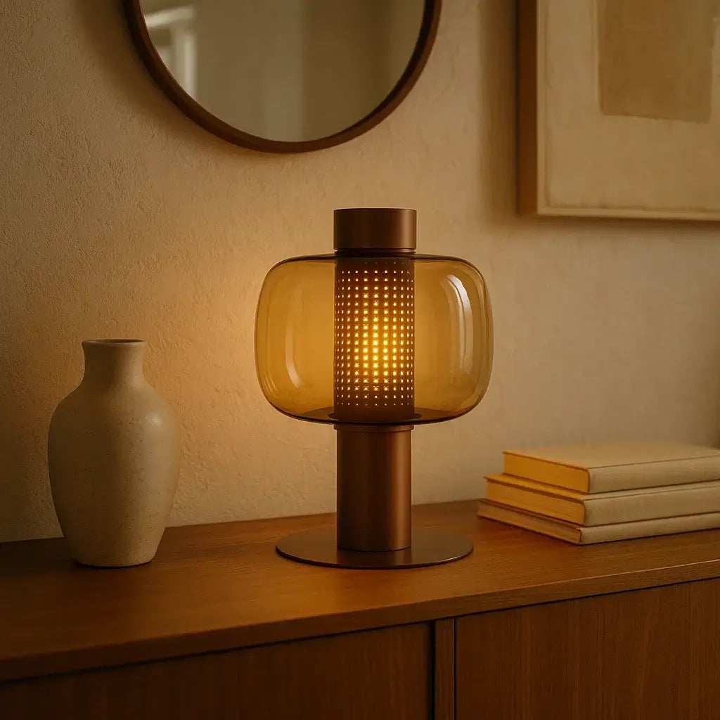 Luminária de Mesa Abajur Vintage Moderna Metal Vidro Bonbori