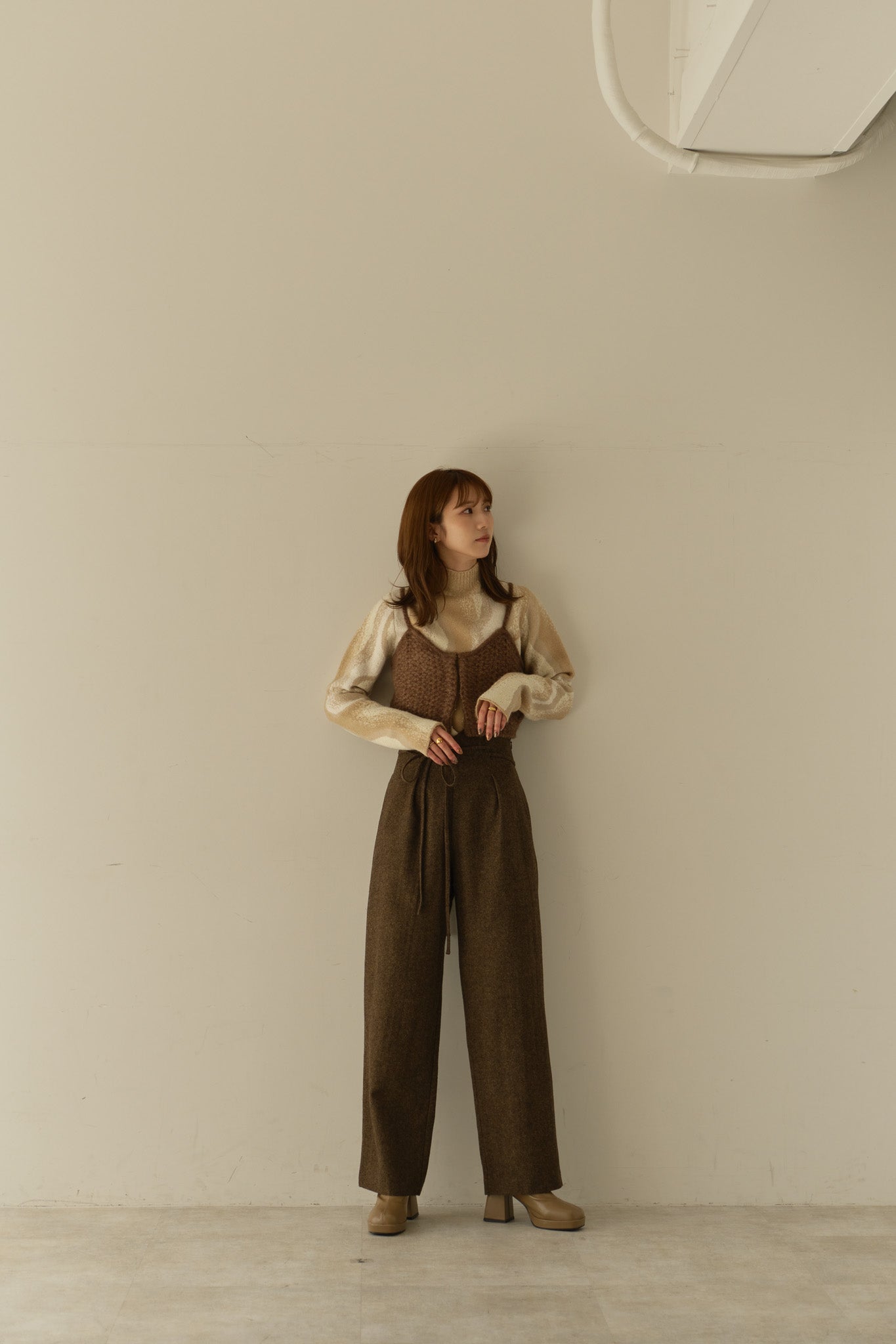 Waffle Knit Hi-Lo Sweater and Wide Leg Pants Set in Camel - Retro