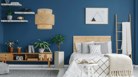 organized blue relaxing bedroom