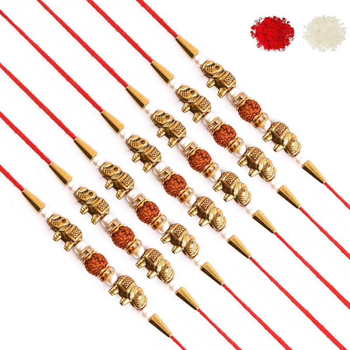 Assorted Stylish Elephant Shape Dora Rakhi With Roli & Chawal (Set Of 7, Multi)
