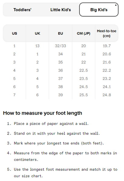 keen big kids size chart