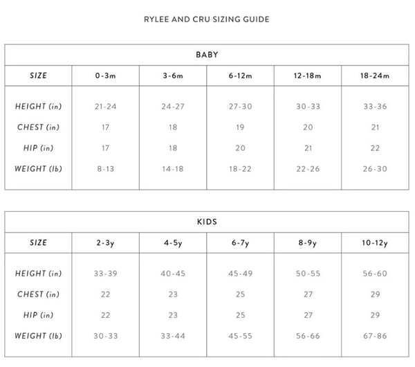 Rylee and Cru Size Chart