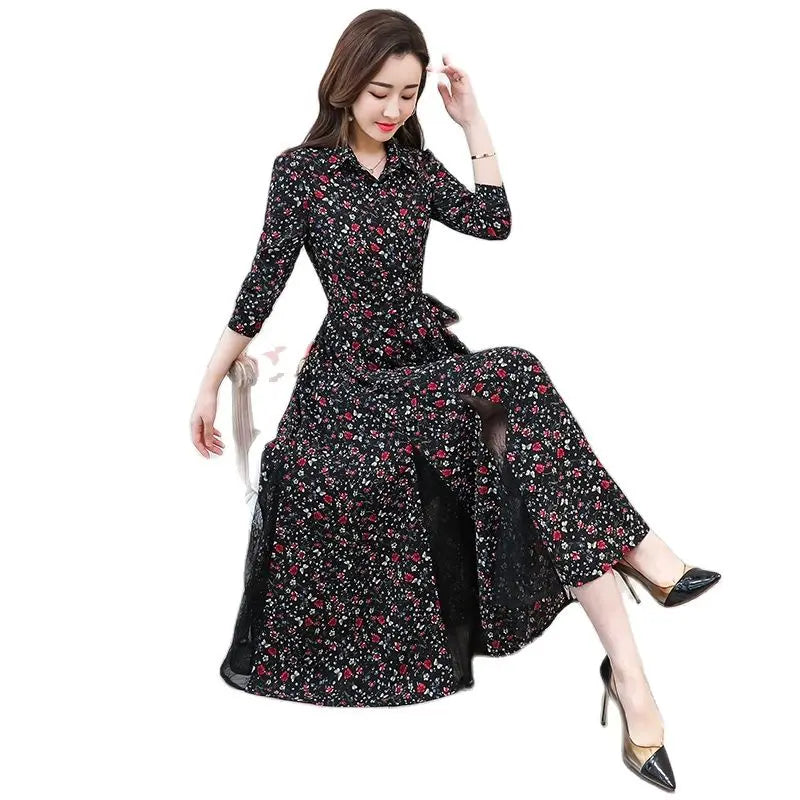 New chiffon stitching lace Dress lady elegant temperament long dress shirt collar long sleeve women print dresses