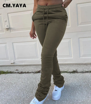 CM.YAYA Fake Jeans Print Women Pants Legging High Waist Flare Bell Bottom Ruched Stack Trousers Draped Jogger Sweatpants - Euniques Boutique 