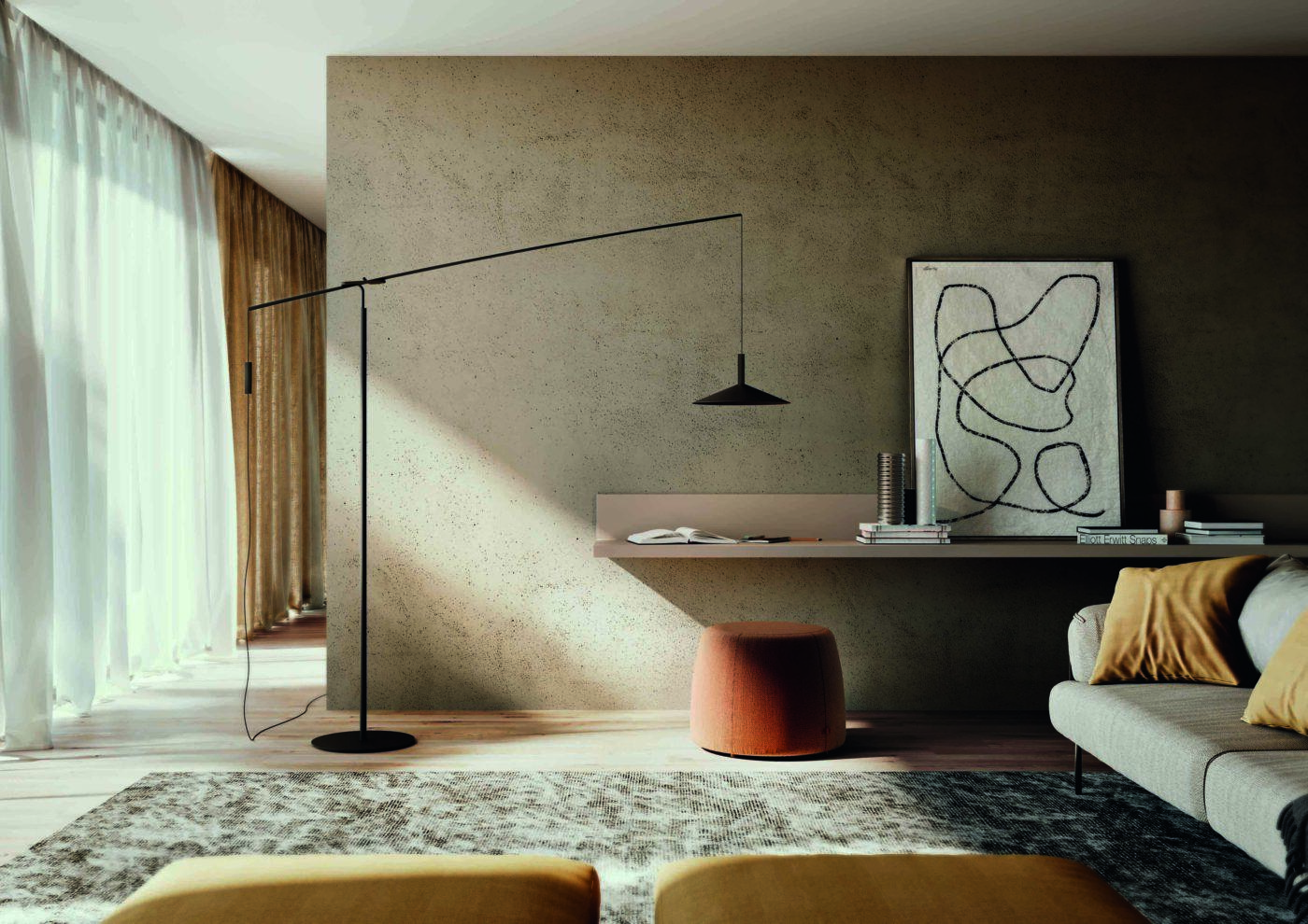 Rustic interiors with modern art on wall and adjustable stainless steel designer floor lamp Singapore -  ‘Altura Floor Lamp’ by Penta.