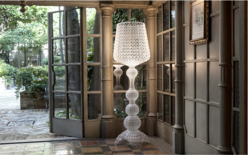 Grey wooden interiors with green frontyard. Featuring glass designer floor lamp Singapore -  ‘Kabuki Floor Lamp’ by Kartell