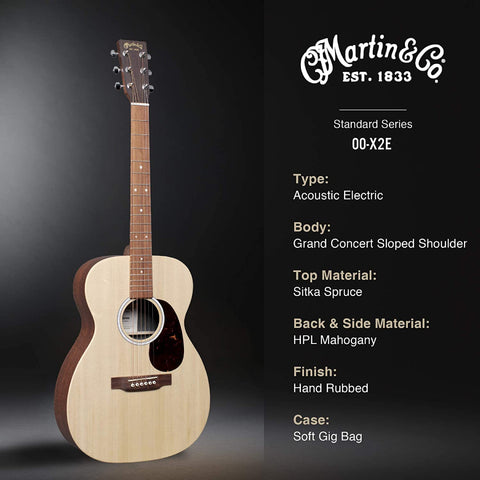 Martin 00-X2E thiết kế kiểu dáng Grand Concert với mặt trên gỗ Sitka Spruce, lưng và hông gỗ HPL, và Fishman MX.
