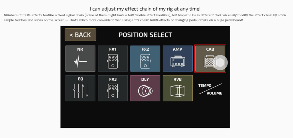 Với Multi Effect Pedal Hotone Ampero One bạn có thể điều chỉnh chuỗi hiệu ứng thiết bị của mình