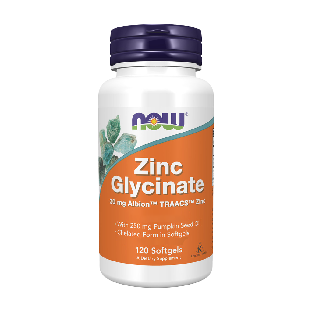 NOW Foods Zinkglycinat 30 mg (120 softgels) Forsiden