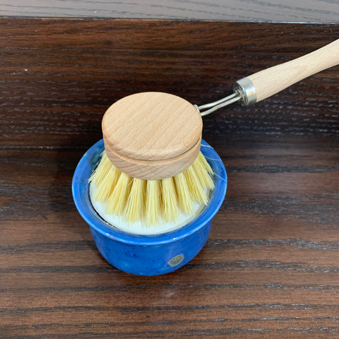 Sisal Wood Dish Brush head on top of kitchen soap ramekin