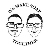 faces of man and woman smiling with the words "we make soap together"