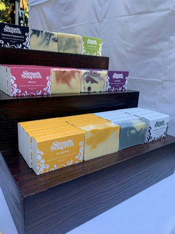 display of soap in brightly coloured packages
