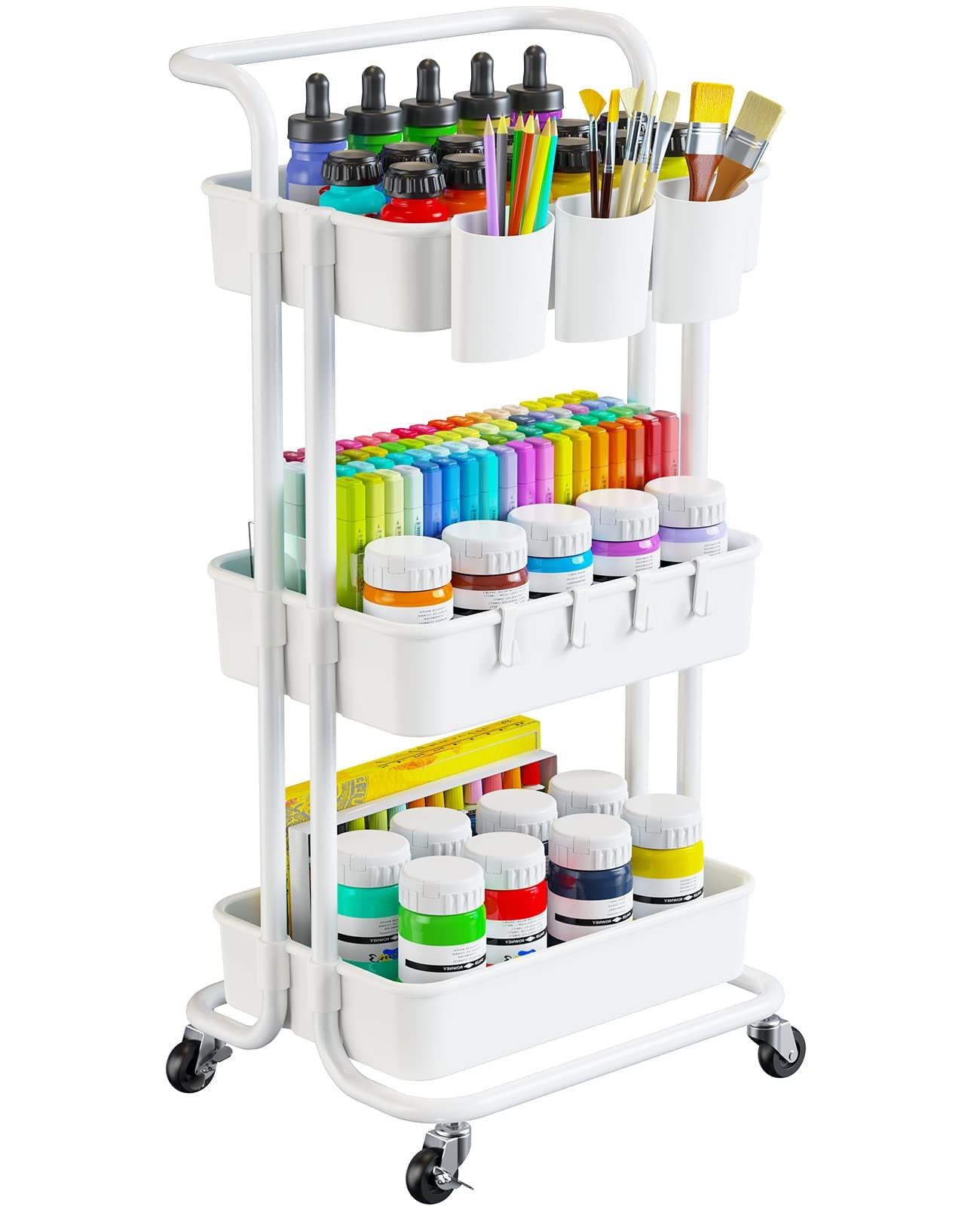 3-Tier Metal Rolling Cart Utility Cart Storage Cart with Lockable Wheels, 3 Hanging Cups & 4 Hooks for Office, Kitchen, Black
