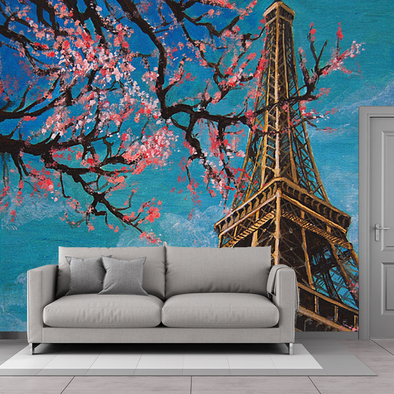 Product Image for Sandsberg | Benutzerdefinierte Illustration Moderne Wandmalerei Pink-Blau Kirschblüte und Elf Turm Wandverkleidung für Zuhause, Rood-Blauw / 96" x 66"