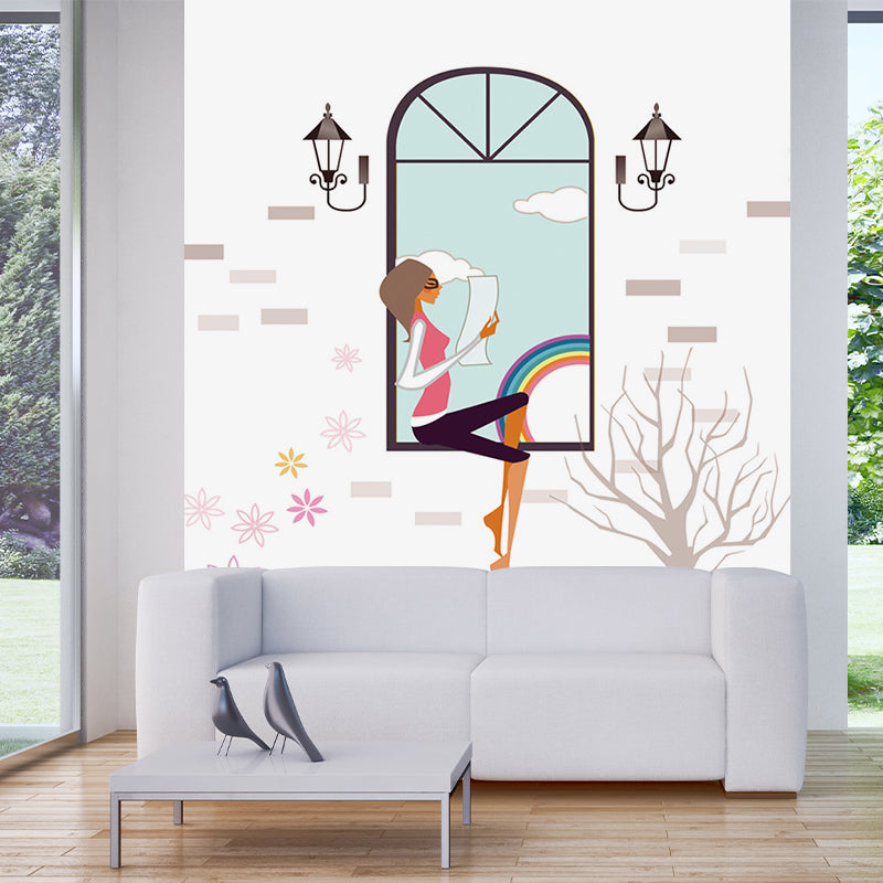 Product Image for Sandsberg | Niet-geweven Waterdichte Muurschilderingen Moderne Meisje Leest op Vensterpatroon Wandbekleding in Blauw-Wit, Blauw-Wit / 144" x 100"