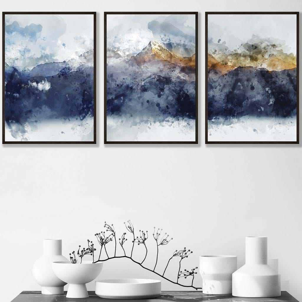 Product Image for Set von 3 abstrakten Kunstdrucken von Gemälden Navy Blau Gelb Goldene Berge, 50x70cm