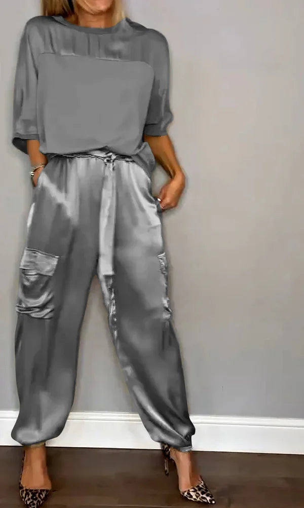 Product Image for Heißer Sale 50 % RABATT Set aus Oberteil und Hose aus glattem Satin mit halben Ärmeln, Grau / M(40-50kg)