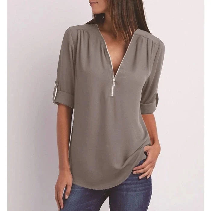 Product Image for Plus Größe Lose 3/4 Ärmel Reißverschluss Bluse, Grau / XL
