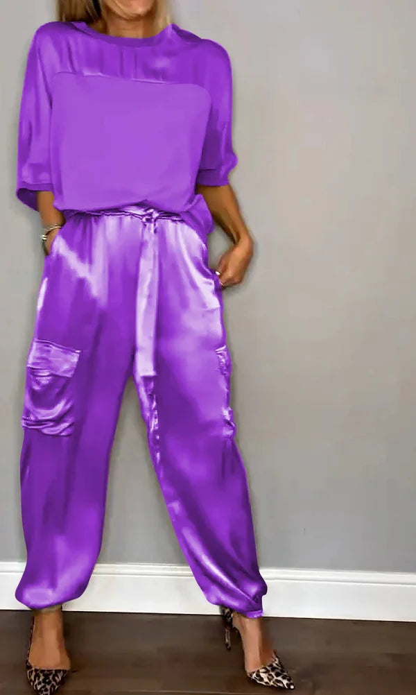 Product Image for Heißer Sale 50 % RABATT Set aus Oberteil und Hose aus glattem Satin mit halben Ärmeln, Lila / 4XL(90-100kg)