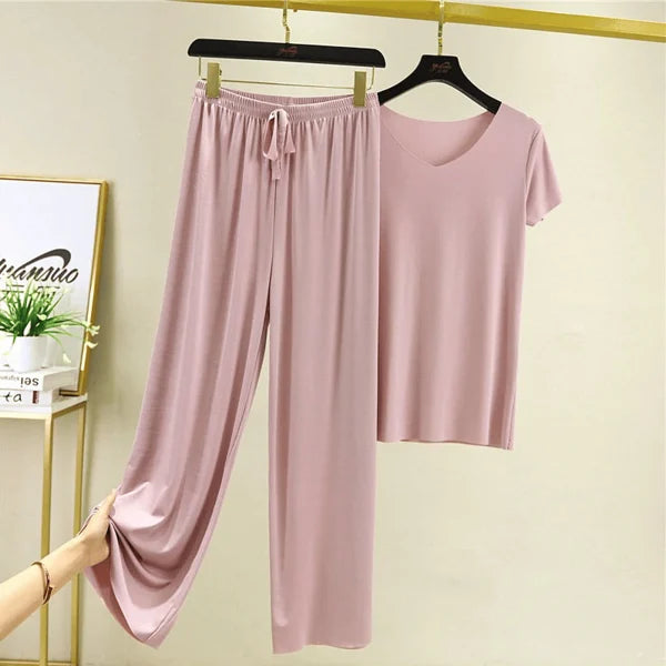 Product Image for Weiches bequemes Seiden T-Shirt mit kurzen Ärmeln Zweiteiliges Set, Hellviolett / XL