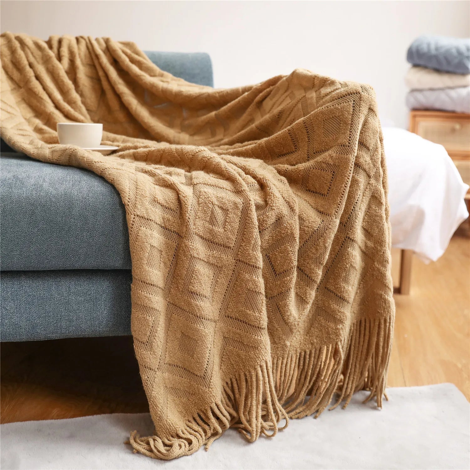 Product Image for Sandsberg | Textile City Diamantförmige Kaschmir Sofa Decke Solide Winter Verdickte Strickfransen Decke Büro Nickerchen Jacquard DIY Handtuch, Kamel /