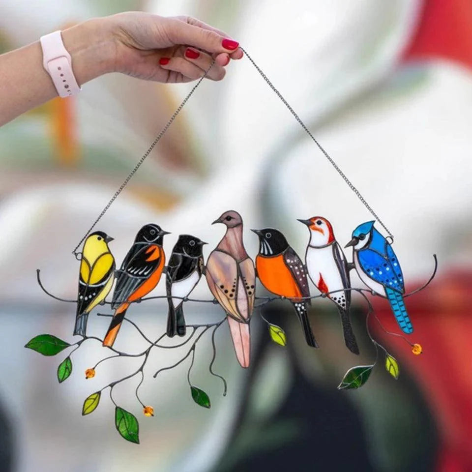 Product Image for Sandsberg | Speelse Geëmailleerde Glazen Vogel Raam Panelen - Betoverende Decor voor Kinderkamers en Stralende Zonnelichtseffecten, 7 Vögel