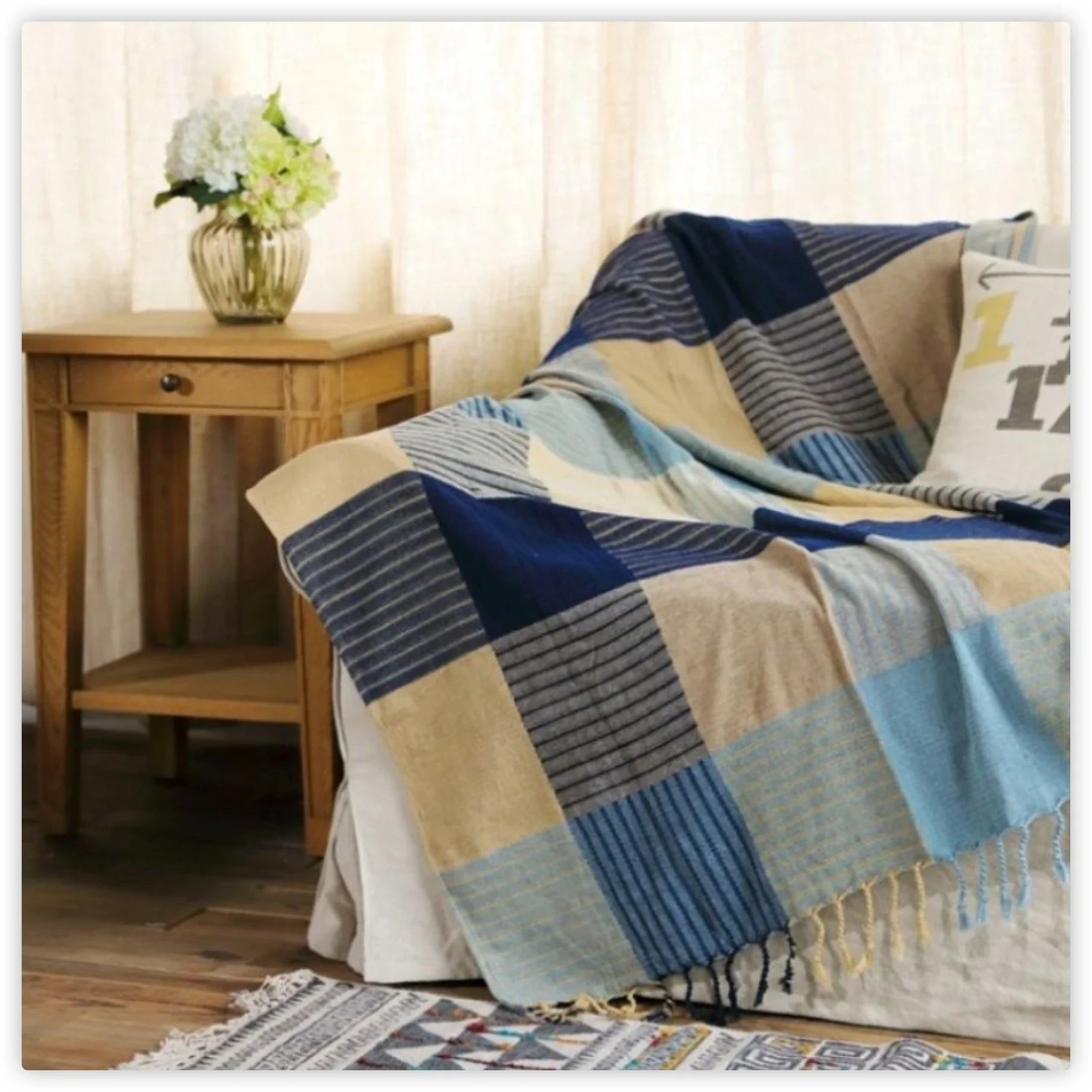 Product Image for Sandsberg | Textile City Ins Retro Sofa Dekor Handtuch Mediterran Nepal Plaid Patchwork Decke Schweres Sofabezug Bettüberwurf 220x260cm, BLAUE Karos /