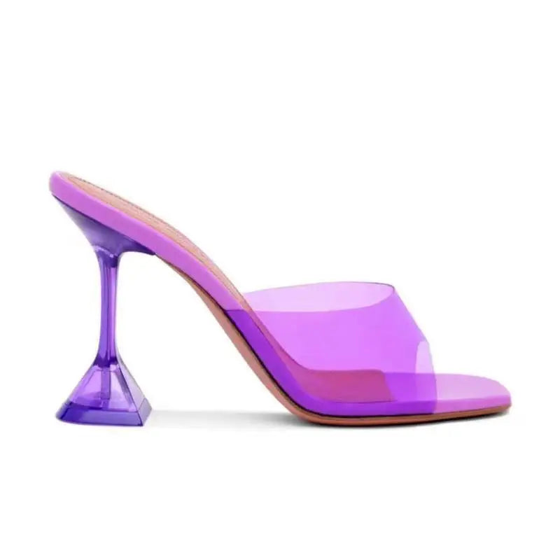 Product Image for Star Stil Transparent PVC Frauen Hausschuhe Quadratzehen Cup Absatz Sommer Pantoletten Rutschen Hohe Absätze Sandalen Schuhe, Lila / 36