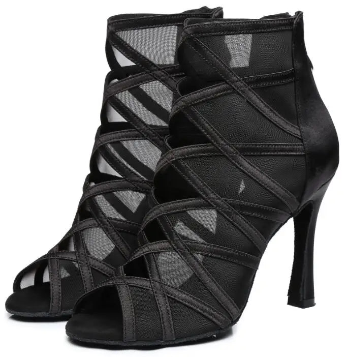 Product Image for Tanzschuhe Damen Salsa-Schuhe für Mädchen Latein Party Quadrat Samba Damenstiefel X-Cross Schwarz Hautweich, Schwarzer Absatz 7,5 cm / 8.5