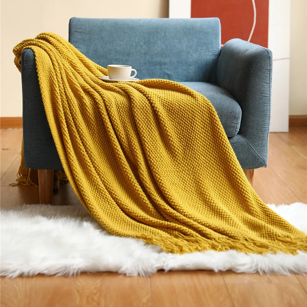 Product Image for Sandsberg | Textile City Winter Hotel Dekorieren Sofa Bezug Acryl Gestrickte Quasten Verdickte Weiche Warme Wurfdecke für Kamin, Gelb / 130x240cm