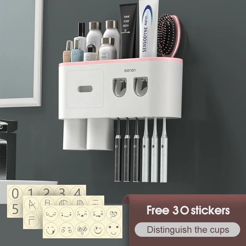 Product Image for Wandmontierter Zahnbürstenhalter mit Spender: Schlagfreier Badezimmer Stauraum für Zuhause - Wasserdichte Badezimmeraccessoires, 2 Tassen Pink